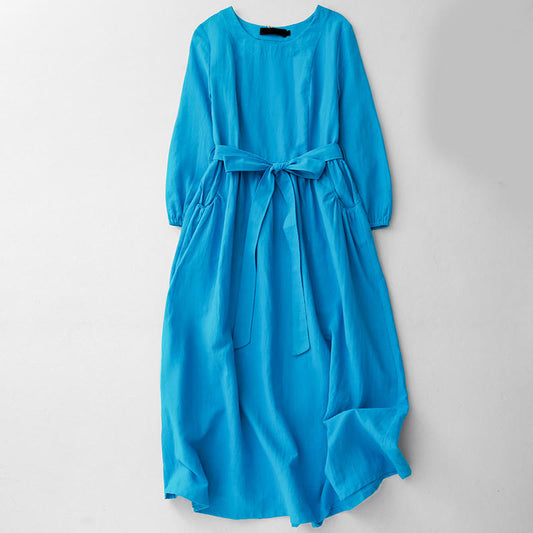 Buddha Stones Plain Long Sleeve Lace-up Desgin Women's Cotton Midi Dress With Pockets