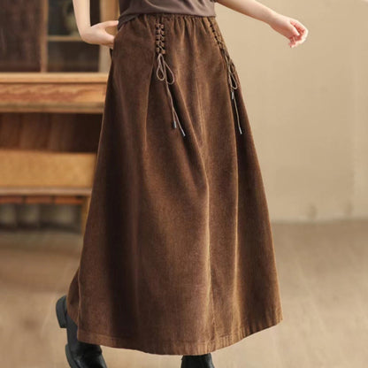 Buddha Stones Women's Plain Cotton Corduroy 7-8 Length Skirt With Pockets
