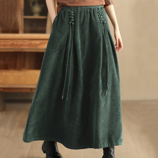 Buddha Stones Women's Plain Cotton Corduroy 7-8 Length Skirt With Pockets