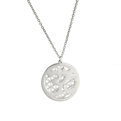 Buddha Stones Om Symbol Hollow Flower Design Stainless Steel Connection Necklace Pendant