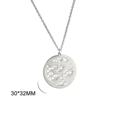 Buddha Stones Om Symbol Hollow Flower Design Stainless Steel Connection Necklace Pendant