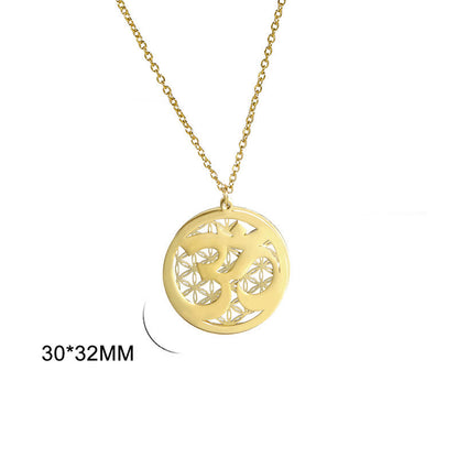 Buddha Stones Om Symbol Hollow Flower Design Stainless Steel Connection Necklace Pendant