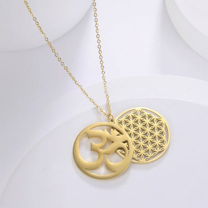 Buddha Stones Om Symbol Hollow Flower Design Stainless Steel Connection Necklace Pendant
