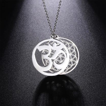 Buddha Stones Om Symbol Hollow Flower Design Stainless Steel Connection Necklace Pendant