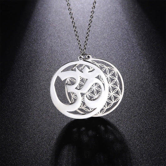 Buddha Stones Om Symbol Hollow Flower Design Stainless Steel Connection Necklace Pendant