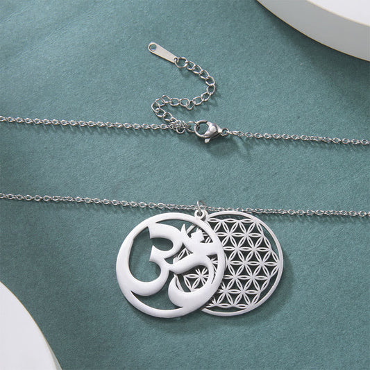 Buddha Stones Om Symbol Hollow Flower Design Stainless Steel Connection Necklace Pendant