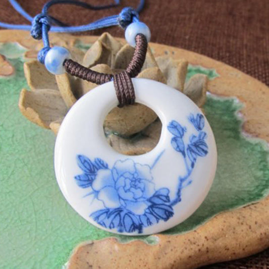 Buddha Stones Ethnic Peony Peach Blossoms Lotus Symbol Ceramics Necklace Enlightenment Pendant