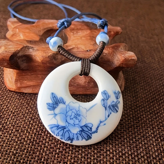 Buddha Stones Ethnic Peony Peach Blossoms Lotus Symbol Ceramics Necklace Enlightenment Pendant