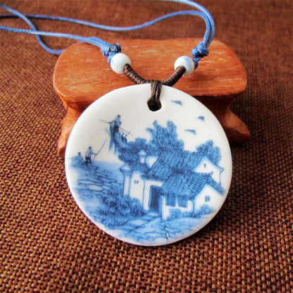 Buddha Stones Ethnic Peony Peach Blossoms Lotus Symbol Ceramics Necklace Enlightenment Pendant