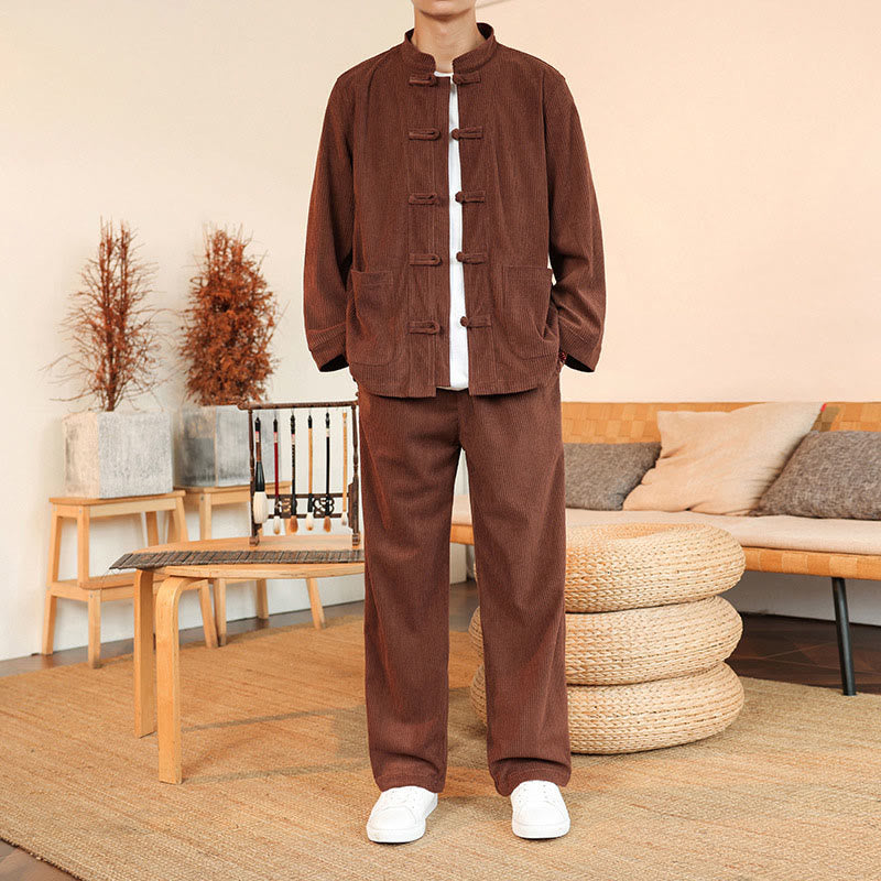 Buddha Stones 2pcs Plain Men's Frog-button Long Sleeve Shirt Pants Cotton Corduroy Set With Pockets