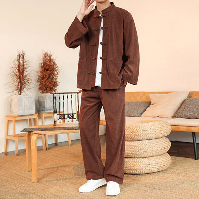 Buddha Stones 2pcs Plain Men's Frog-button Long Sleeve Shirt Pants Cotton Corduroy Set With Pockets