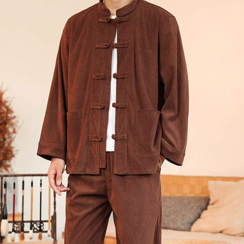Buddha Stones 2pcs Plain Men's Frog-button Long Sleeve Shirt Pants Cotton Corduroy Set With Pockets