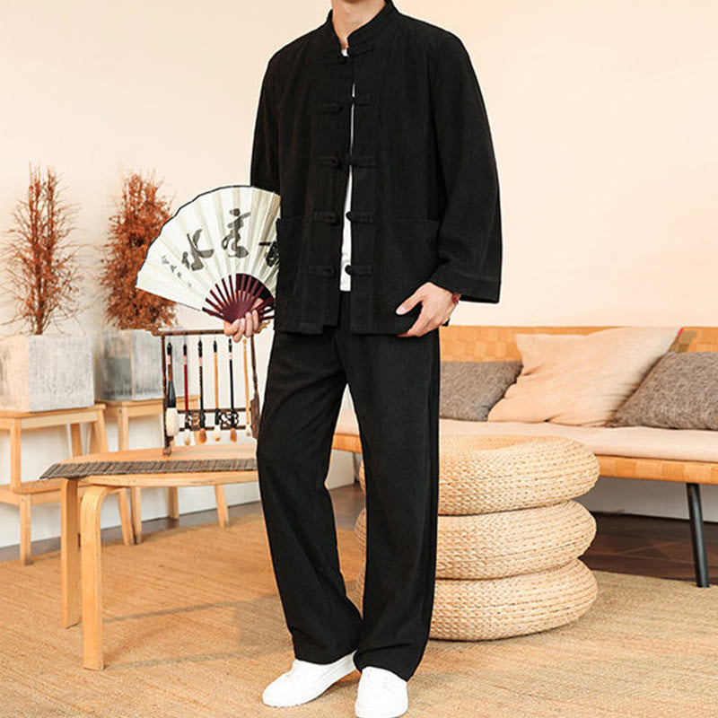 Buddha Stones 2pcs Plain Men's Frog-button Long Sleeve Shirt Pants Cotton Corduroy Set With Pockets