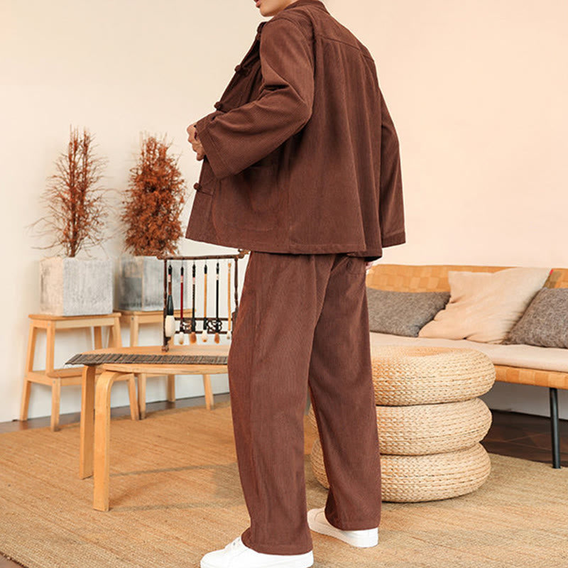 Buddha Stones 2pcs Plain Men's Frog-button Long Sleeve Shirt Pants Cotton Corduroy Set With Pockets