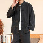 Buddha Stones 2pcs Plain Men's Frog-button Long Sleeve Shirt Pants Cotton Corduroy Set With Pockets