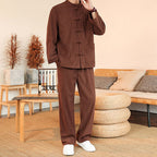 Buddha Stones 2pcs Plain Men's Frog-button Long Sleeve Shirt Pants Cotton Corduroy Set With Pockets