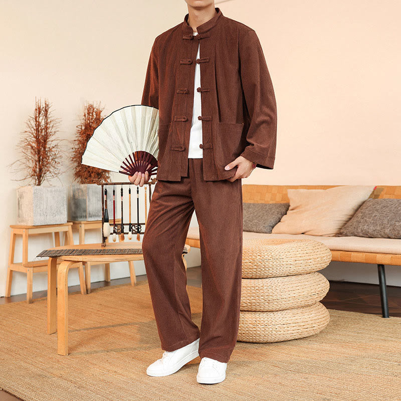 Buddha Stones 2pcs Plain Men's Frog-button Long Sleeve Shirt Pants Cotton Corduroy Set With Pockets
