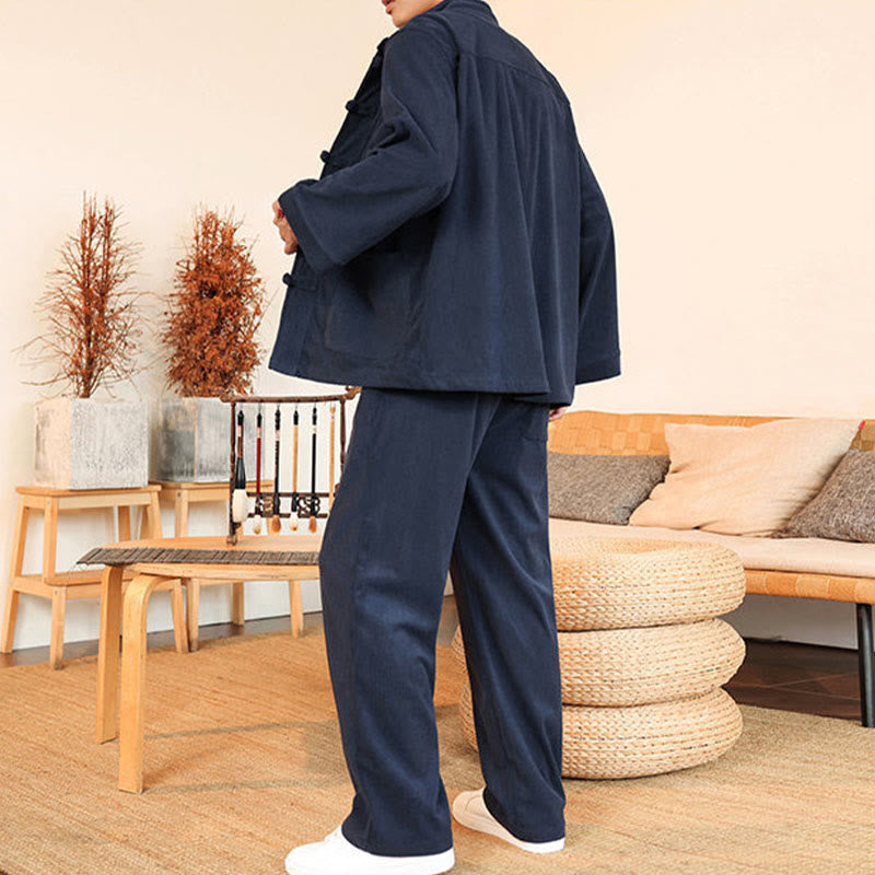 Buddha Stones 2pcs Plain Men's Frog-button Long Sleeve Shirt Pants Cotton Corduroy Set With Pockets