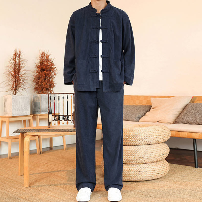 Buddha Stones 2pcs Plain Men's Frog-button Long Sleeve Shirt Pants Cotton Corduroy Set With Pockets