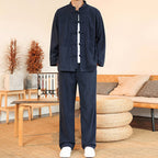 Buddha Stones 2pcs Plain Men's Frog-button Long Sleeve Shirt Pants Cotton Corduroy Set With Pockets