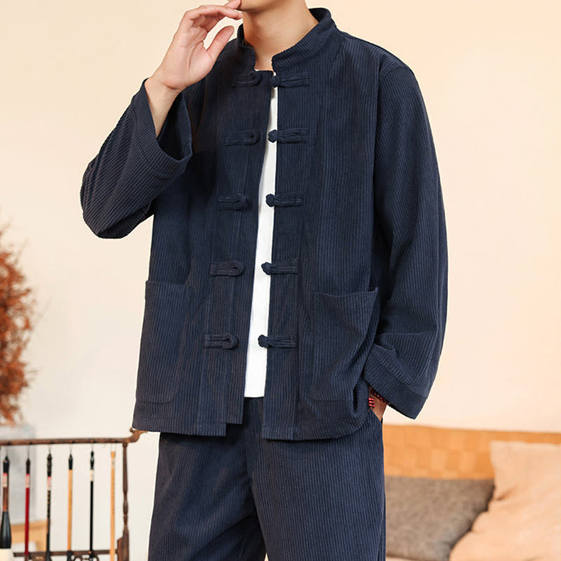 Buddha Stones 2pcs Plain Men's Frog-button Long Sleeve Shirt Pants Cotton Corduroy Set With Pockets