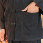 Buddha Stones 2pcs Plain Men's Frog-button Long Sleeve Shirt Pants Cotton Corduroy Set With Pockets