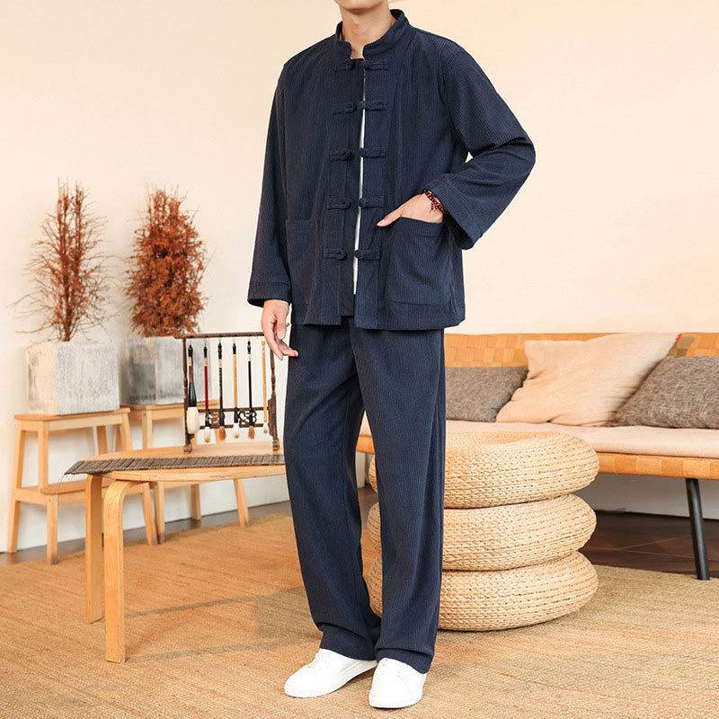 Buddha Stones 2pcs Plain Men's Frog-button Long Sleeve Shirt Pants Cotton Corduroy Set With Pockets