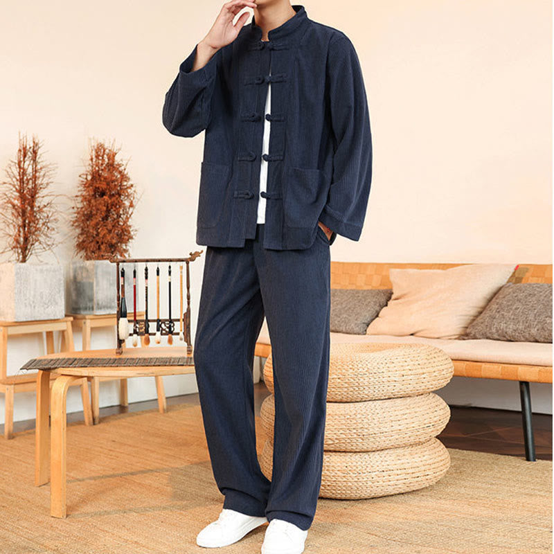 Buddha Stones 2pcs Plain Men's Frog-button Long Sleeve Shirt Pants Cotton Corduroy Set With Pockets