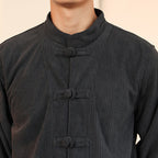 Buddha Stones 2pcs Plain Men's Frog-button Long Sleeve Shirt Pants Cotton Corduroy Set With Pockets