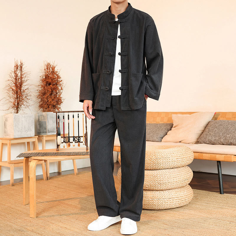 Buddha Stones 2pcs Plain Men's Frog-button Long Sleeve Shirt Pants Cotton Corduroy Set With Pockets