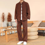 Buddha Stones 2pcs Plain Men's Frog-button Long Sleeve Shirt Pants Cotton Corduroy Set With Pockets