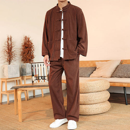 Buddha Stones 2pcs Plain Men's Frog-button Long Sleeve Shirt Pants Cotton Corduroy Set With Pockets