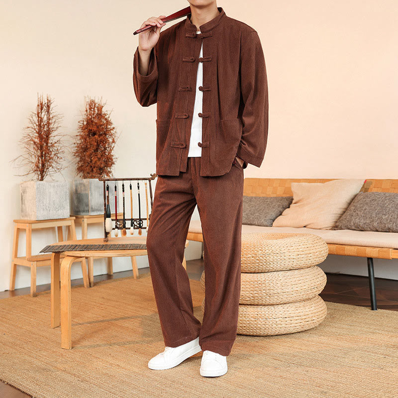 Buddha Stones 2pcs Plain Men's Frog-button Long Sleeve Shirt Pants Cotton Corduroy Set With Pockets