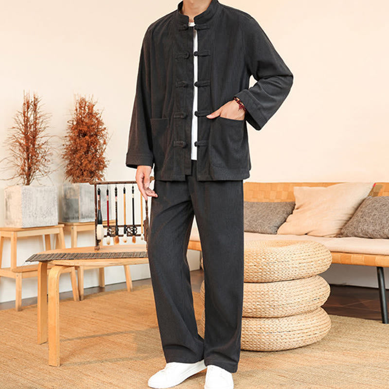 Buddha Stones 2pcs Plain Men's Frog-button Long Sleeve Shirt Pants Cotton Corduroy Set With Pockets