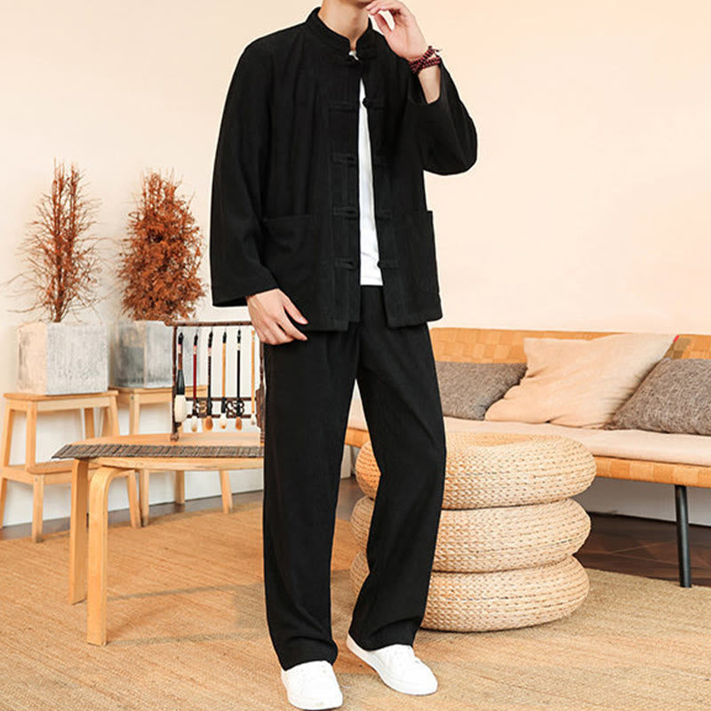 Buddha Stones 2pcs Plain Men's Frog-button Long Sleeve Shirt Pants Cotton Corduroy Set With Pockets