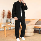 Buddha Stones 2pcs Plain Men's Frog-button Long Sleeve Shirt Pants Cotton Corduroy Set With Pockets