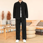 Buddha Stones 2pcs Plain Men's Frog-button Long Sleeve Shirt Pants Cotton Corduroy Set With Pockets