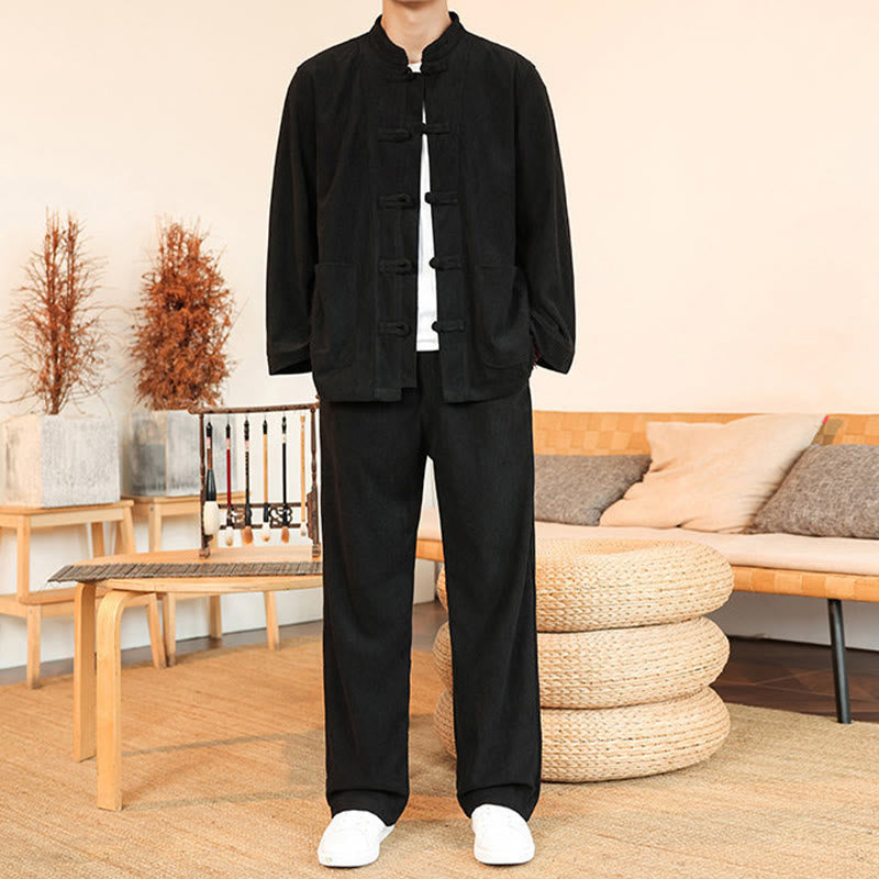 Buddha Stones 2pcs Plain Men's Frog-button Long Sleeve Shirt Pants Cotton Corduroy Set With Pockets