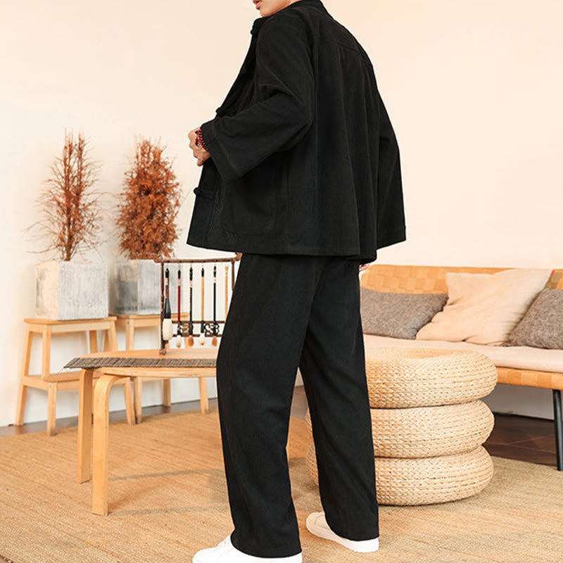 Buddha Stones 2pcs Plain Men's Frog-button Long Sleeve Shirt Pants Cotton Corduroy Set With Pockets