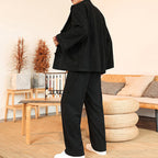 Buddha Stones 2pcs Plain Men's Frog-button Long Sleeve Shirt Pants Cotton Corduroy Set With Pockets