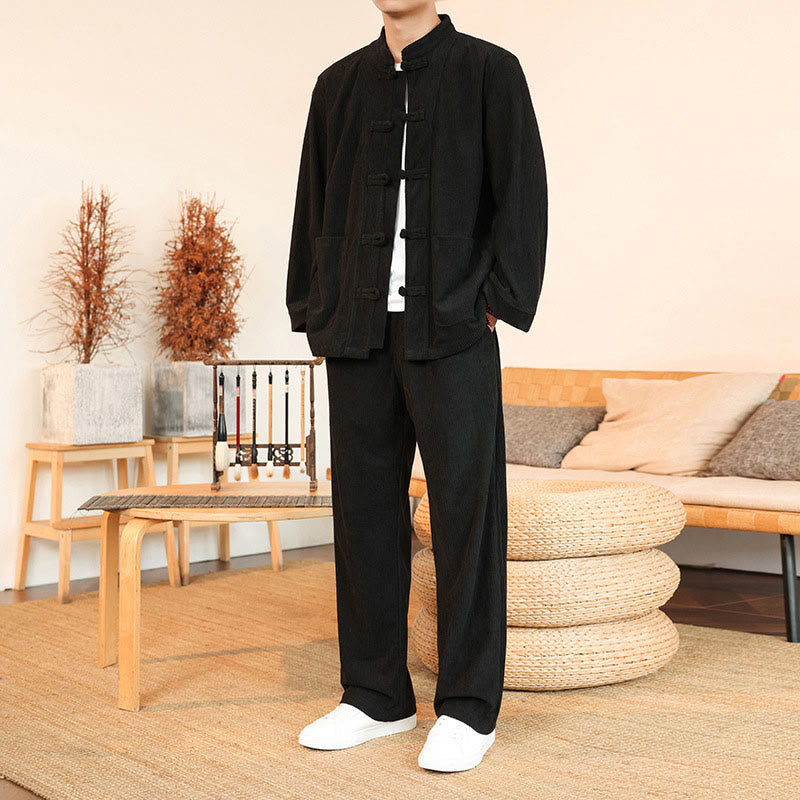 Buddha Stones 2pcs Plain Men's Frog-button Long Sleeve Shirt Pants Cotton Corduroy Set With Pockets