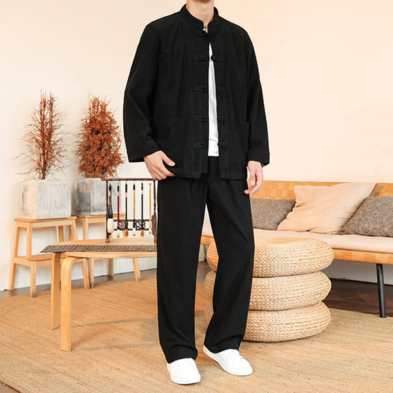 Buddha Stones 2pcs Plain Men's Frog-button Long Sleeve Shirt Pants Cotton Corduroy Set With Pockets