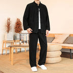 Buddha Stones 2pcs Plain Men's Frog-button Long Sleeve Shirt Pants Cotton Corduroy Set With Pockets