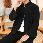 Buddha Stones 2pcs Plain Men's Frog-button Long Sleeve Shirt Pants Cotton Corduroy Set With Pockets