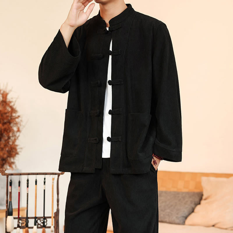 Buddha Stones 2pcs Plain Men's Frog-button Long Sleeve Shirt Pants Cotton Corduroy Set With Pockets