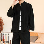 Buddha Stones 2pcs Plain Men's Frog-button Long Sleeve Shirt Pants Cotton Corduroy Set With Pockets