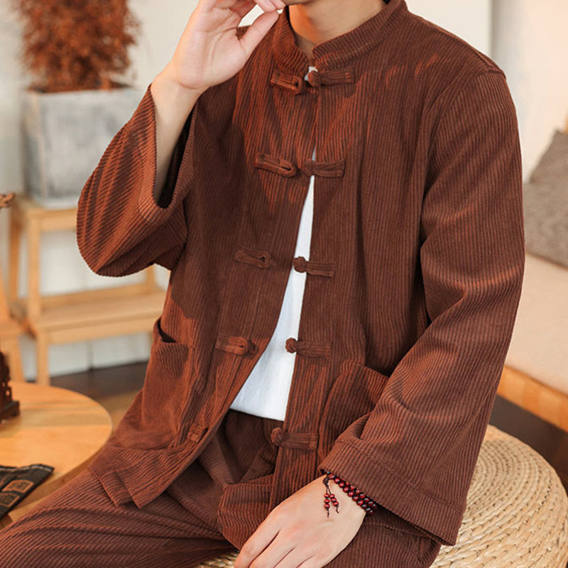 Buddha Stones 2pcs Plain Men's Frog-button Long Sleeve Shirt Pants Cotton Corduroy Set With Pockets