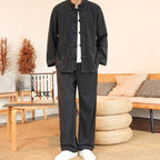 Buddha Stones 2pcs Plain Men's Frog-button Long Sleeve Shirt Pants Cotton Corduroy Set With Pockets