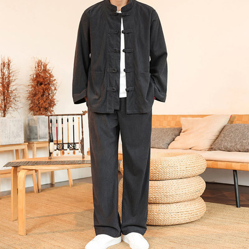 Buddha Stones 2pcs Plain Men's Frog-button Long Sleeve Shirt Pants Cotton Corduroy Set With Pockets