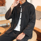 Buddha Stones 2pcs Plain Men's Frog-button Long Sleeve Shirt Pants Cotton Corduroy Set With Pockets